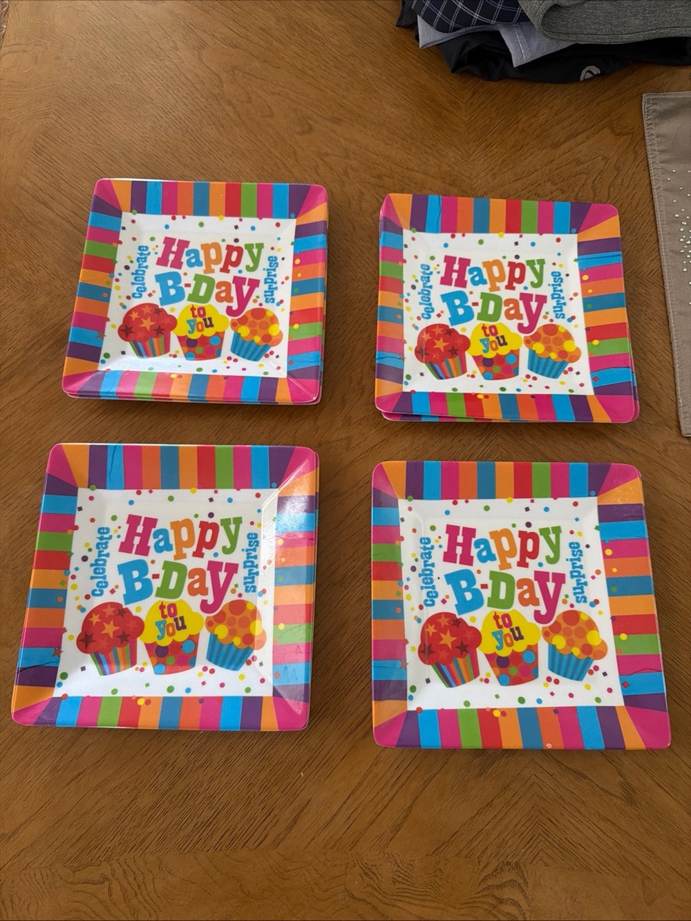 Happy B-Day Colorful Party Dessert Plastic Reusable Plates Set of 8